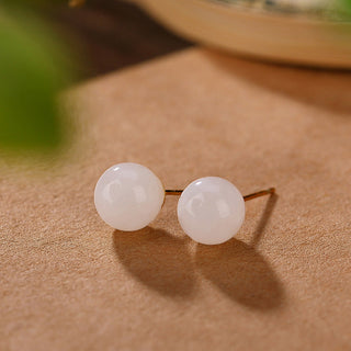 Buddha Gift 925 Sterling Silver Round White Jade Blessing Stud Earrings