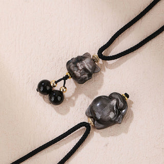 Buddha Gift Natural Silver Sheen Obsidian Nine Tailed Fox Protection Necklace Pendant