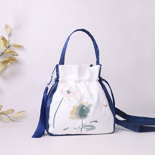Buddha Gift Embroidered Lotus Koi Fish Crane Camellia Cotton Linen Tote Crossbody Bag Shoulder Bag Handbag