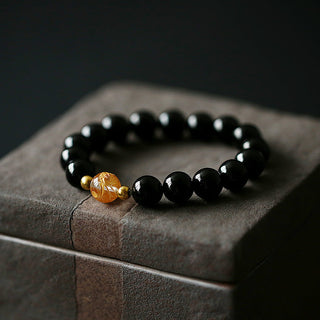 Buddha Gift Natural Black Obsidian White Crystal Black Onyx Dragon Strength Bracelet