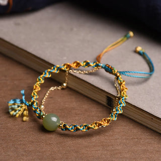 Buddha Gift Handmade Colorful Rope Luck Jade Bead Abundance Double Layer Bracelet