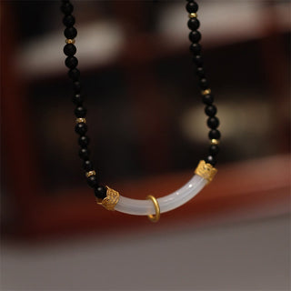 Buddha Gift 925 Sterling Silver Black Onyx Chalcedony Protection Beaded Necklace Pendant