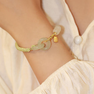 Buddha Gift Natural Hetian Jade Bead Double Peace Buckle Fu Character Abundance Braided Bracelet