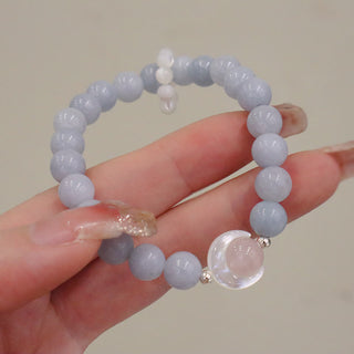 Buddha Gift 925 Sterling Silver Natural Amethyst Aquamarine Pink Crystal Cat's Eye Healing Crescent Moon Bracelet