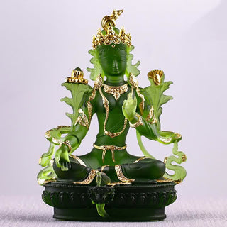 Buddha Gift Bodhisattva Green Tara Handmade Liuli Crystal Art Piece Protection Home Office Statue Decoration