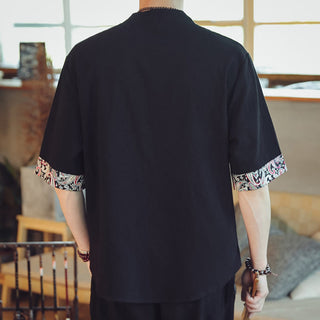 Buddha Gift Frog-Button Dragon Embroidery Chinese Tang Suit Short Sleeve Shirt Linen Men Clothing