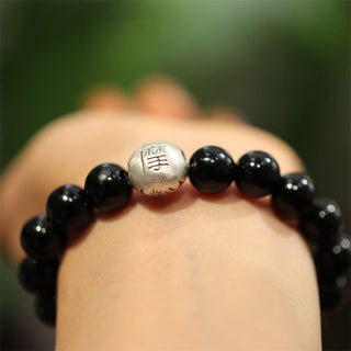 Buddha Gift 925 Sterling Silver Black Onyx Bead Character Engraved Protection Bracelet