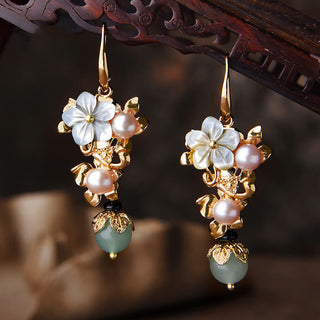 Buddha Gift 14K Gold Plated Tridacna Stone Flower Pearl Green Aventurine Bead Drop Earrings
