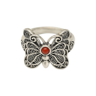 Buddha Gift 925 Sterling Silver Red Agate Butterfly Self-acceptance Ring Earrings Set