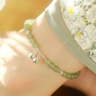 Buddha Gift 925 Sterling Silver Natural Hetian Jade Prosperity Bell Charm Anklet