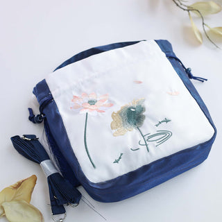 Buddha Gift Embroidered Lotus Koi Fish Crane Camellia Cotton Linen Tote Crossbody Bag Shoulder Bag Handbag