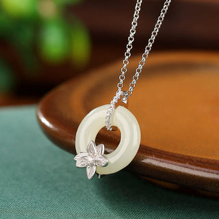 Buddha Gift 925 Sterling Silver Hetian Jade Peace Buckle Flower Luck Necklace Pendant