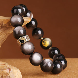 Buddha Gift 925 Sterling Silver Black Obsidian Gold Sheen Obsidian Silver Sheen Obsidian Yin Yang Protection Bracelet