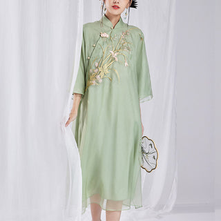 Buddha Gift 100% Mulberry Silk 6 Momme Dress Vintage Flower Butterfly Embroidery Qipao Dress Women's Cheongsam Dress