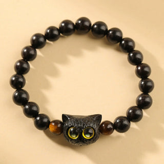 Buddha Gift Cute Ebony Wood Cat Head Pattern Peace Bracelet