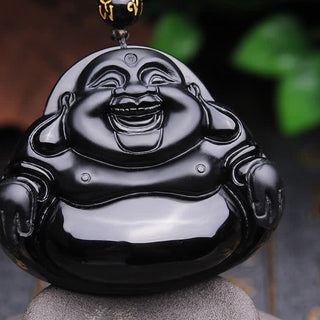 Buddha Gift Laughing Buddha Black Obsidian Transformation Pendant Necklace
