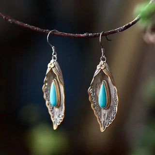 Buddha Gift 925 Sterling Silver Turquoise Bodhi Leaf Pattern Protection Drop Dangle Earrings