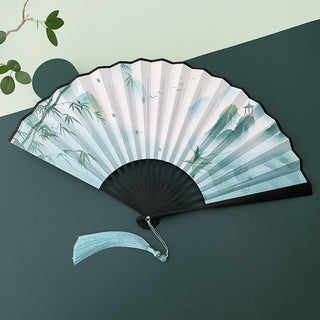 Buddha Gift Retro Lotus Flower Leaf Mountain Lake Handheld Folding Fan With Bamboo Frames