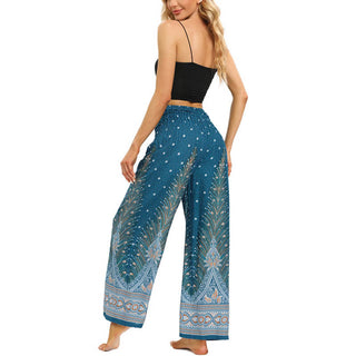 Buddha Gift Boho Peacock Feathers Lace-up Wide Leg Pants Women's Yoga Pants