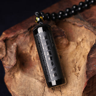 Buddha Gift Natural Black Obsidian Heart Sutra Purification Necklace Pendant