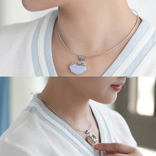 Buddha Gift 925 Sterling Silver Natural Chalcedony Lock of Good Wishes Koi Fish Luck Necklace Pendant