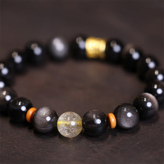 Buddha Gift Natural Silver Sheen Obsidian Crystal Om Mani Padme Hum Bead Protection Bracelet