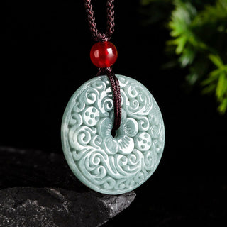 Buddha Gift Green Jade Flower Carved Peace Buckle Abundance Necklace Pendant