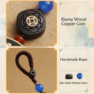 Buddha Gift PiXiu Copper Coin Ebony Wood Luck Attract Wealth Key Chain Decoration