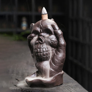 Buddha Gift Halloween Skull With Ghost Hand Purple Clay Spiritual Incense Burner Decoration