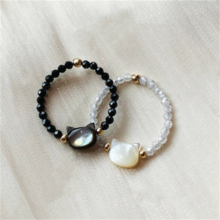 Buddha Gift Natural Tridacna Stone Lovely Cat 14K Gold Blessing Ring