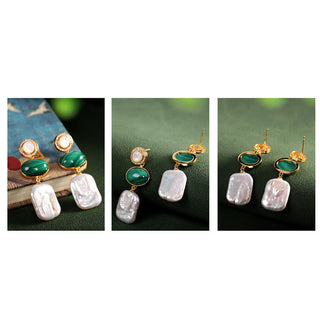 Buddha Gift 925 Sterling Silver Natural Baroque Pearl Malachite Healing Wisdom Drop Earrings