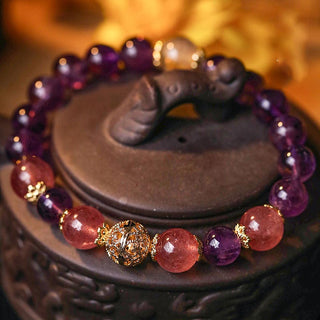 Buddha Gift Natural Citrine Amethyst Rutilated Quartz Prosperity Protection Bracelet