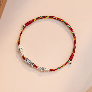 Buddha Gift 925 Sterling Silver Luck Koi Fish Braided Colorful String Bracelet Anklet