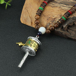 Buddha Gift Tibetan Om Mani Padme Hum Prayer Wheel Rotation Vajra Wood Necklace Pendant