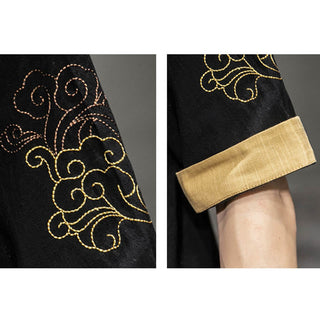 Buddha Gift Frog-Button Chinese Dragon Auspicious Cloud Embroidery Half Sleeve Shirt Cotton Linen Men Clothing