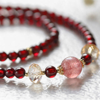 Buddha Gift 14K Gold Plated Natural Garnet Strawberry Quartz Stability Double Wrap Bracelet