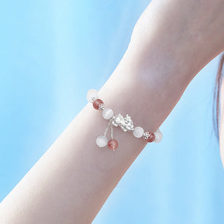 Buddha Gift Natural Cat's Eye Moonstone Strawberry Quartz PiXiu Support Bracelet