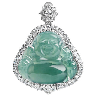 Buddha Gift 925 Sterling Silver Laughing Buddha Natural Jade Luck Abundance Chain Necklace Pendant