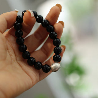 Buddha Gift 925 Sterling Silver Black Onyx Bead Character Engraved Protection Bracelet