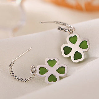 Buddha Gift 925 Sterling Silver Natural Cyan Jade Four Leaf Clover Luck Success Earrings