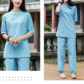 Buddha Gift 2Pcs Half Sleeve V-Neck Shirt Top Pants Meditation Zen Tai Chi Linen Clothing Women's Set