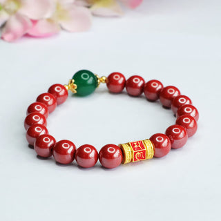 Buddha Gift Natural Cinnabar Green Agate Om Mani Padme Hum Pattern Blessing Bracelet
