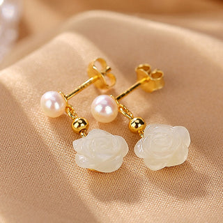 Buddha Gift 925 Sterling Silver Plated Gold Jade Rose Flower Cyan Jade Pearl Luck Earrings