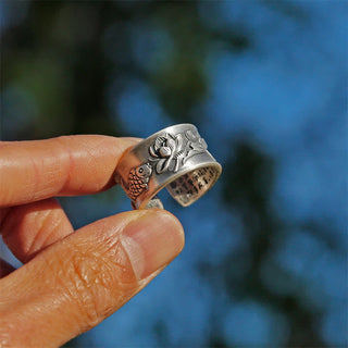 Buddha Gift 999 Sterling Silver Luck Koi Fish Lotus Heart Sutra Wealth Ring