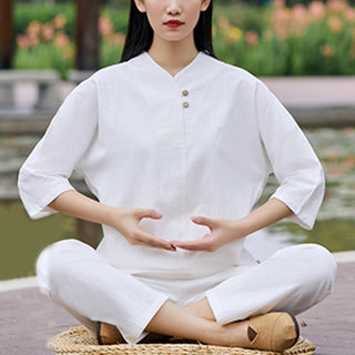 Buddha Gift 2Pcs Shirt Top Pants Meditation Zen Tai Chi Cotton Linen Clothing Women's Set
