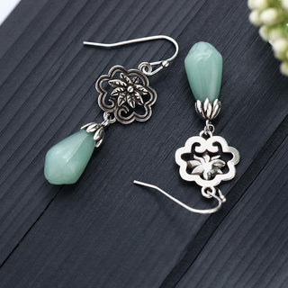 Buddha Gift Magnolia Flower Jade Water Drop Prosperity Dangle Earrings