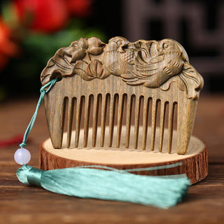 Buddha Gift Green Sandalwood Fox Peony Flower Lotus Engraved Cure Tassel Comb