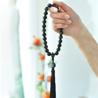 Buddha Gift Natural Silver Sheen Obsidian Lion Wrist Mala Protection Tassels Pocket Mala Car Decoration