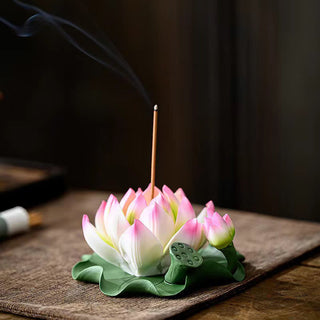 Buddha Gift Lotus Flower Leaf Pod Spiritual Healing Ceramic Stick Incense Burner Decoration