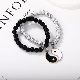 Buddha Gift 2Pcs Black Onyx White Turquoise Bead Yin Yang Protection Couple Bracelet